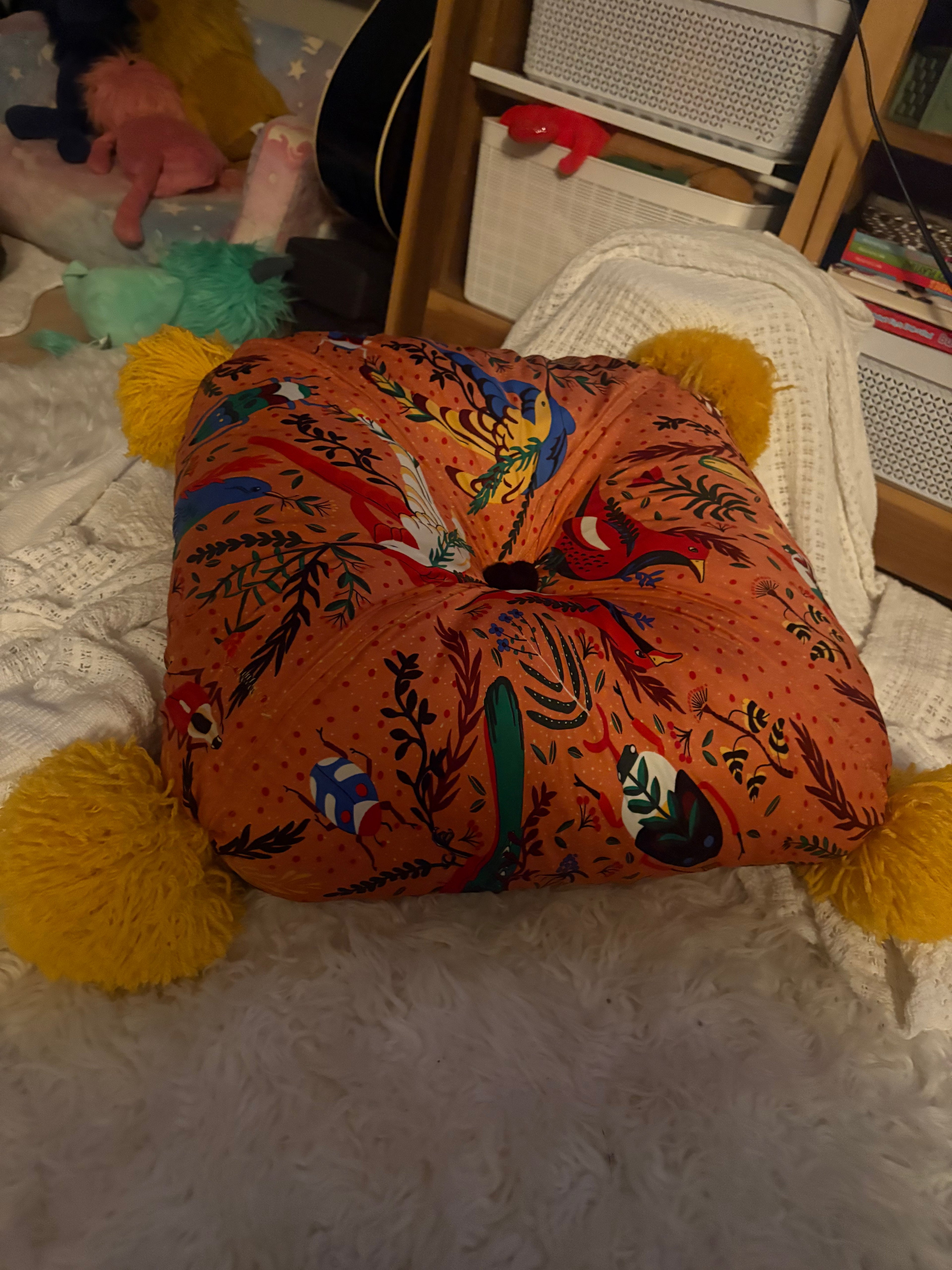 Large Handmade Satin Pillow w/ Pom Poms